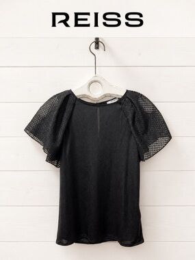REISS Black Shimmer Flutter Sleeve Top XS NWOT